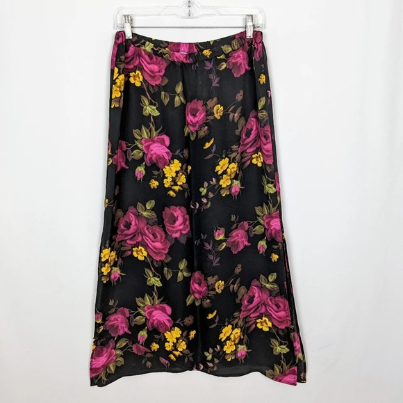 Vintage Y2K 90s Chico's L 100% Silk Floral Slits Elastic Waist Maxi Goth Bratz - Picture 1 of 12